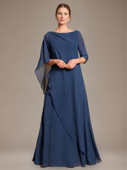 A Line Princess Scoop Cape Sleeves Floor Length Pleated Mother Of The Bride Dress With Beads Ruffles