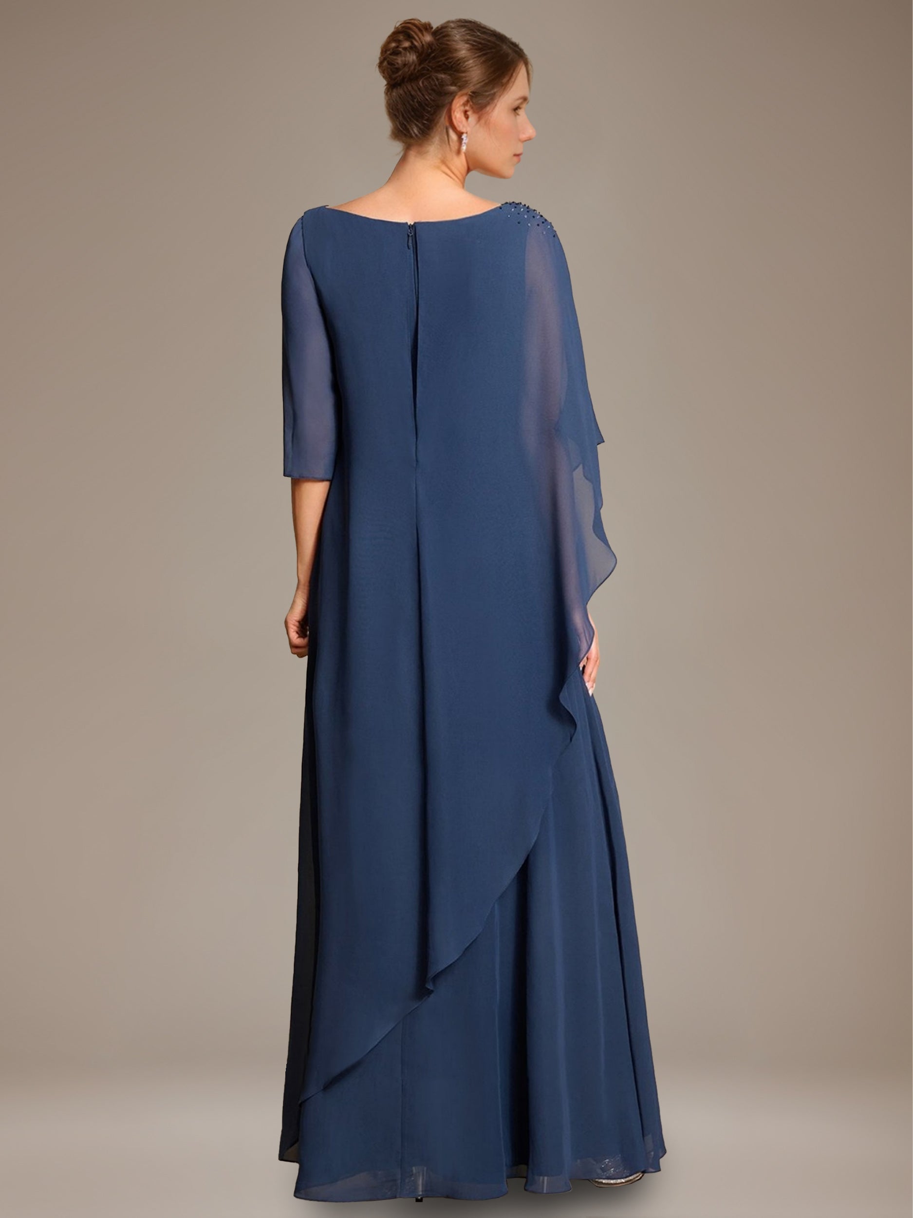 A Line Princess Scoop Cape Sleeves Floor Length Pleated Mother Of The Bride Dress With Beads Ruffles
