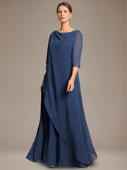 A Line Princess Scoop Cape Sleeves Floor Length Pleated Mother Of The Bride Dress With Beads Ruffles