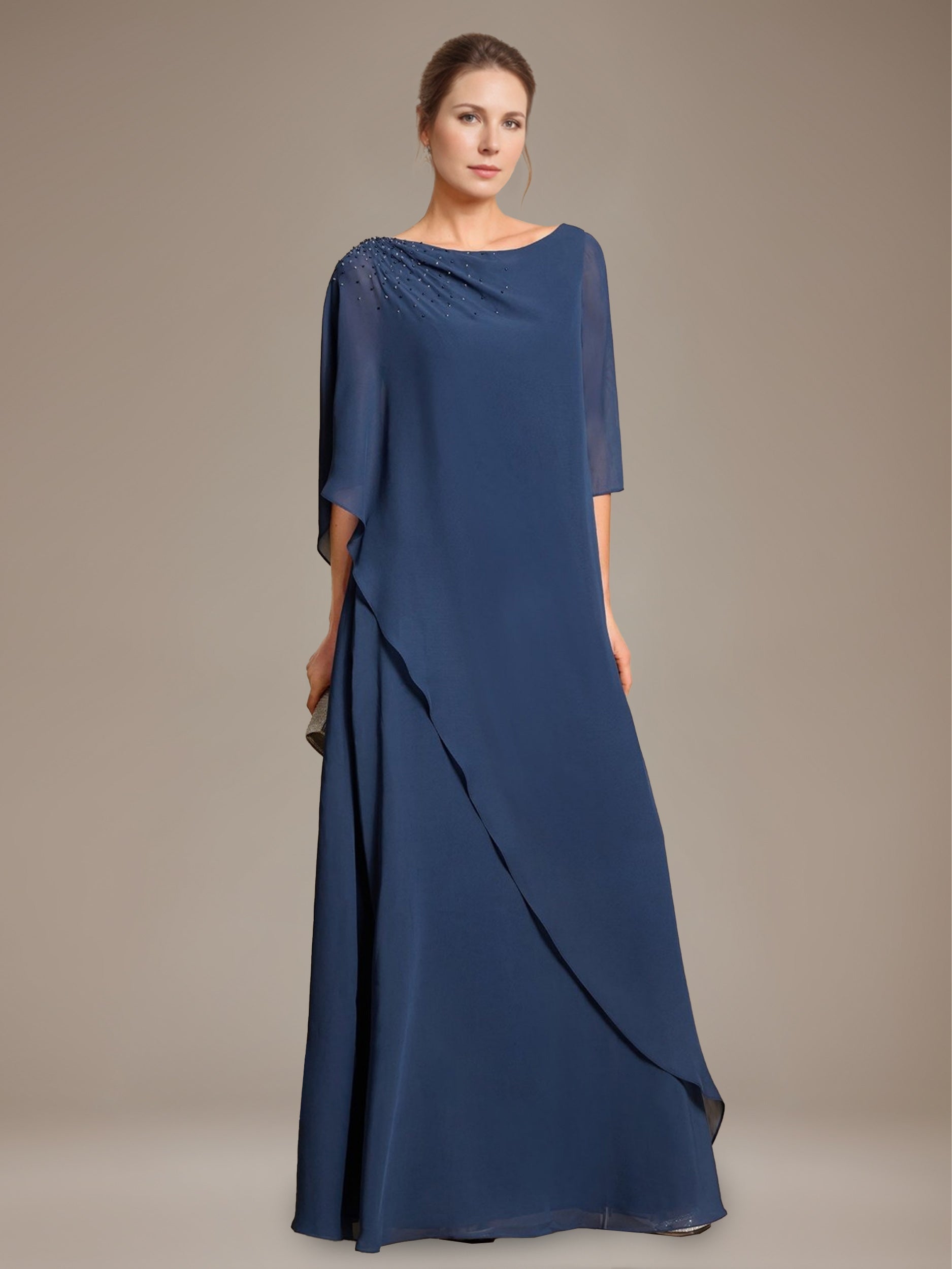 A Line Princess Scoop Cape Sleeves Floor Length Pleated Mother Of The Bride Dress With Beads Ruffles