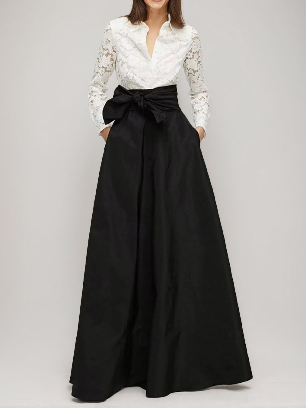 A Line Princess Shirt Collar Long Sleeves Floor Length Mother Of The Bride Dresses With Bow