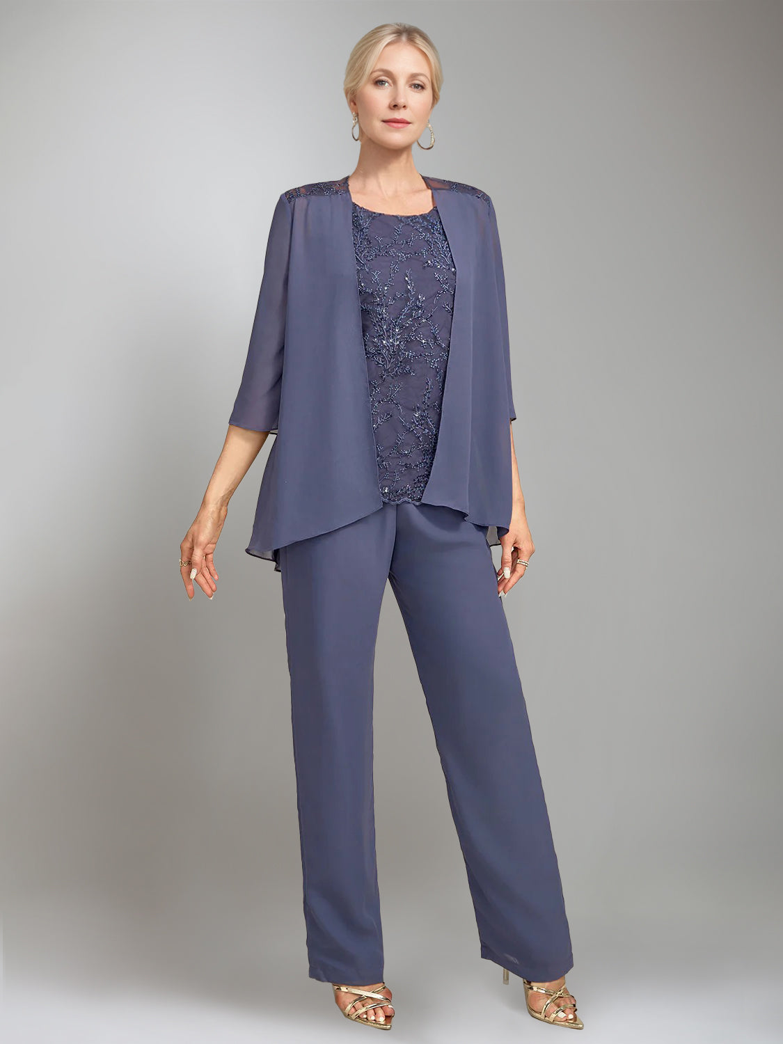 3 Pieces Scoop Sleeveless Floor Length Mother Of The Bride Pantsuits With Jacket