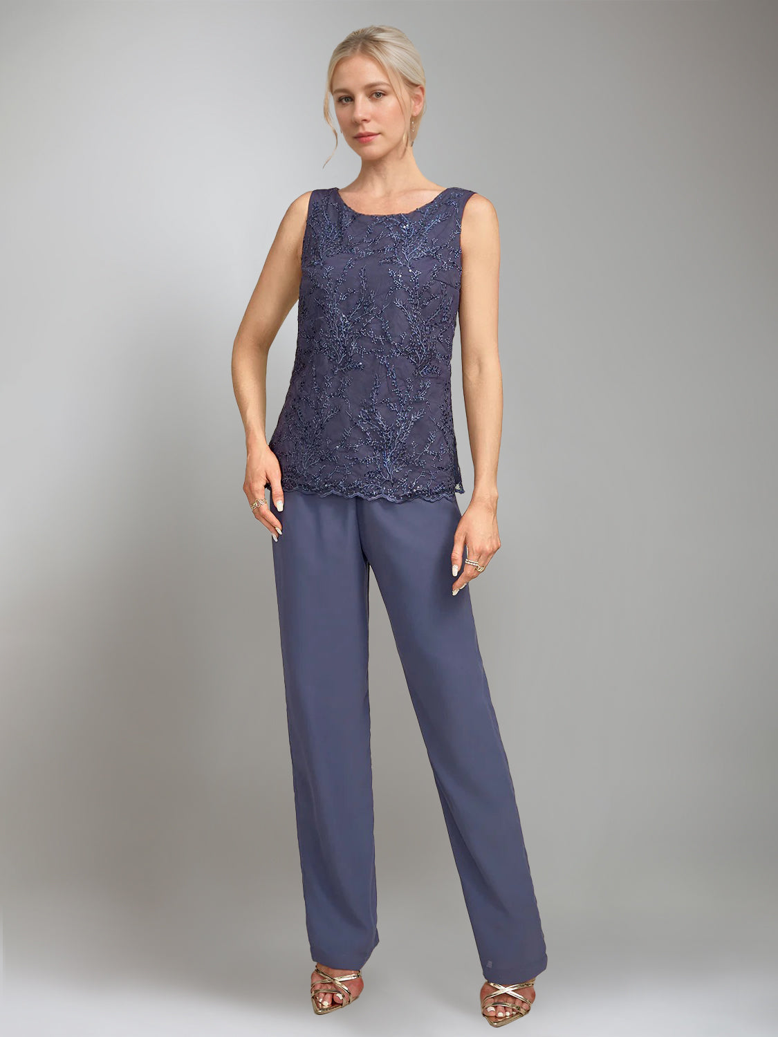 3 Pieces Scoop Sleeveless Floor Length Mother Of The Bride Pantsuits With Jacket
