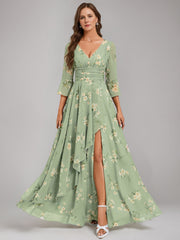 A Line Princess V Neck 3 4 Sleeves Floor Length Ruched Printed Floral Pleated Mother Of The Bride Dresses With Ruffles Slit