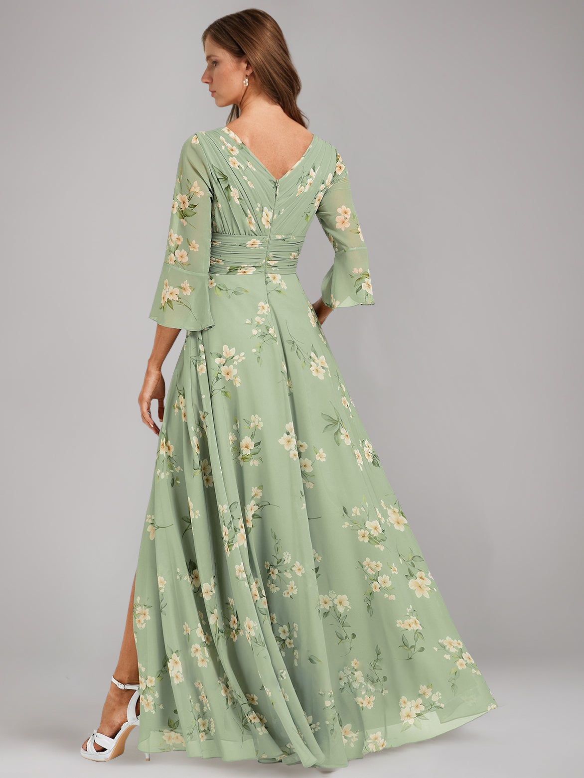 A Line Princess V Neck 3 4 Sleeves Floor Length Ruched Printed Floral Pleated Mother Of The Bride Dresses With Ruffles Slit