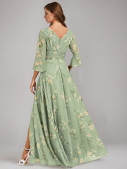 A Line Princess V Neck 3 4 Sleeves Floor Length Ruched Printed Floral Pleated Mother Of The Bride Dresses With Ruffles Slit