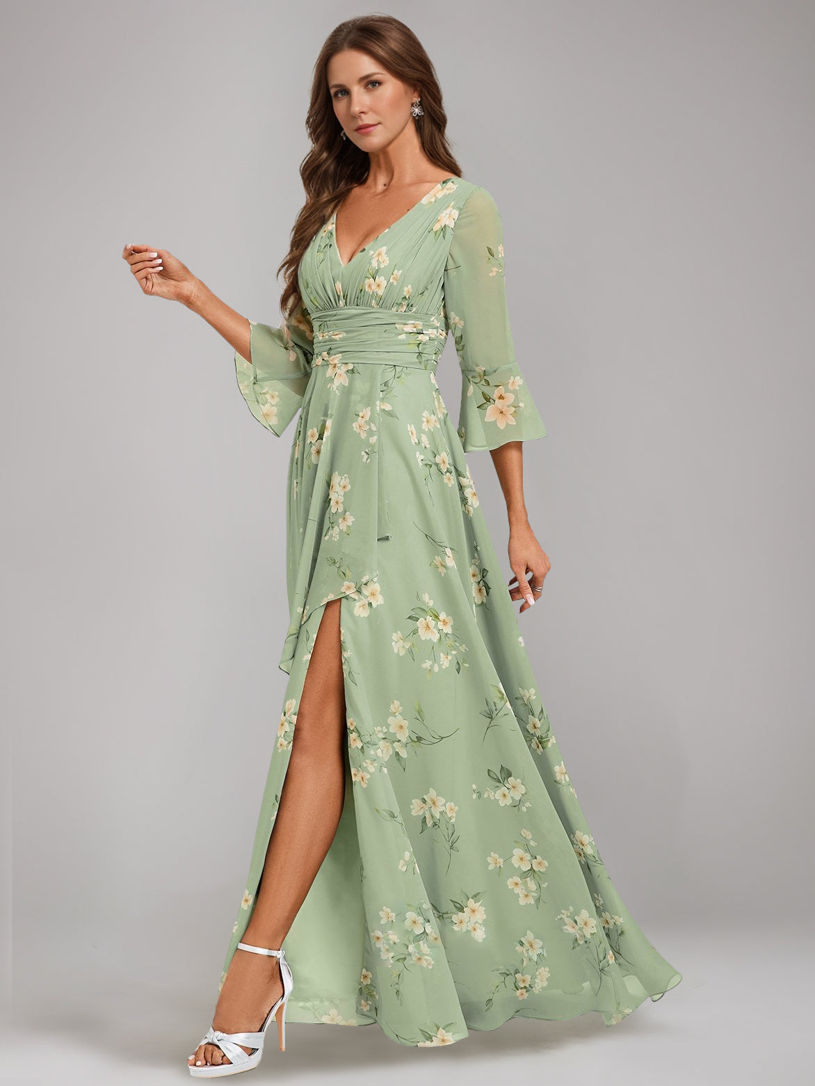 A Line Princess V Neck 3 4 Sleeves Floor Length Ruched Printed Floral Pleated Mother Of The Bride Dresses With Ruffles Slit