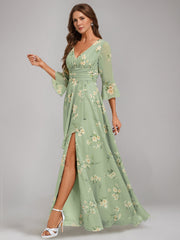 A Line Princess V Neck 3 4 Sleeves Floor Length Ruched Printed Floral Pleated Mother Of The Bride Dresses With Ruffles Slit