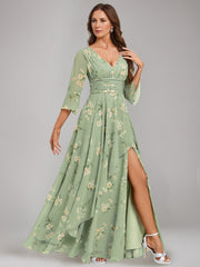 A Line Princess V Neck 3 4 Sleeves Floor Length Ruched Printed Floral Pleated Mother Of The Bride Dresses With Ruffles Slit