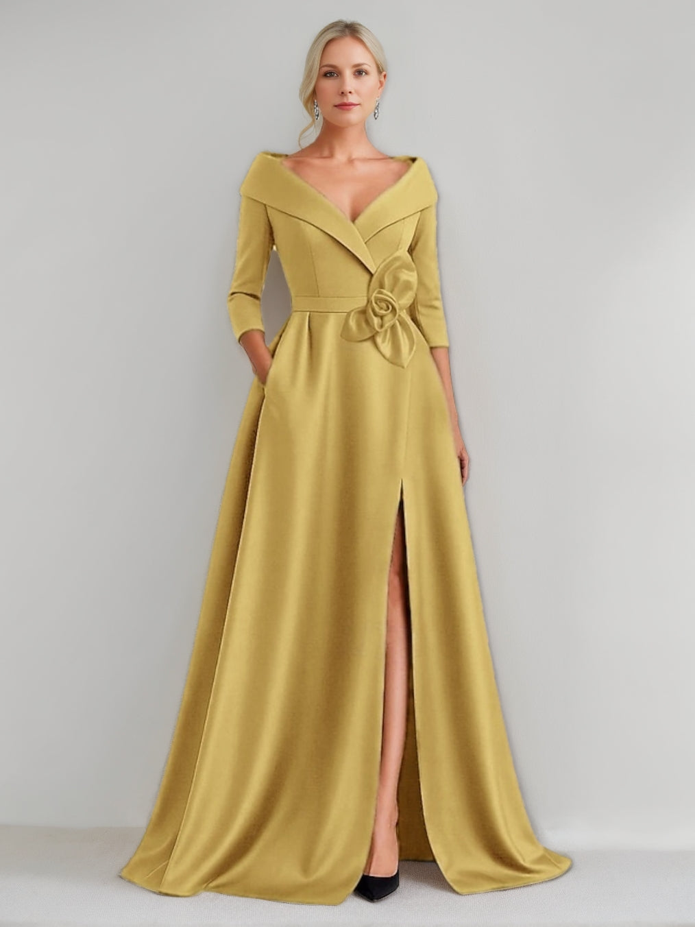 A Line Princess V Neck 3 4 Sleeves Floor Length Mother Of The Bride Dresses With 3D Flowers Pocket Slit