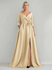 A Line Princess V Neck 3 4 Sleeves Floor Length Mother Of The Bride Dresses With 3D Flowers Pocket Slit