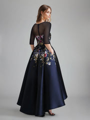 A Line Princess Scoop Half Sleeves Asymmetrical Printed Floral Pleated Mother Of The Bride Dresses With Tulle