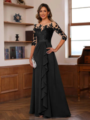 A Line Princess Jewel Neck 3 4 Sleeves Floor Length Pleated Mother Of The Bride Dresses With Ruffles Appliques Sash