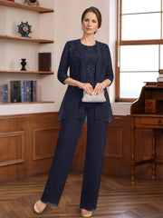 3 Pieces Scoop Half Sleeves Floor Length Mother Of The Bride Pantsuits With Appliques Sequins Jacket