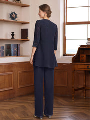 3 Pieces Scoop Half Sleeves Floor Length Mother Of The Bride Pantsuits With Appliques Sequins Jacket