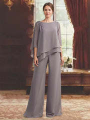 2 Pieces Scoop 3 4 Sleeves Floor Length Mother Of The Bride Pantsuits With Jewel Appliques