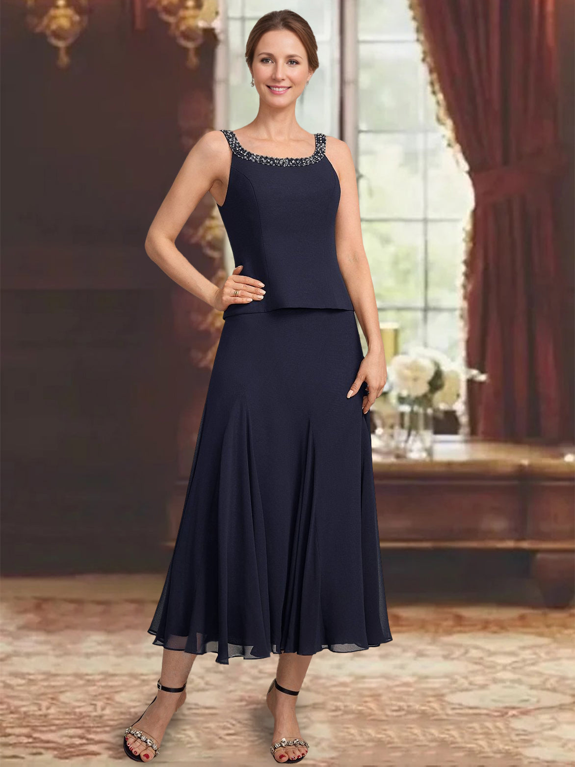 3 Pieces A Line Princess Scoop Sleeveless Tea Length Pleated Mother Of The Bride Dresses With Sequins Beads