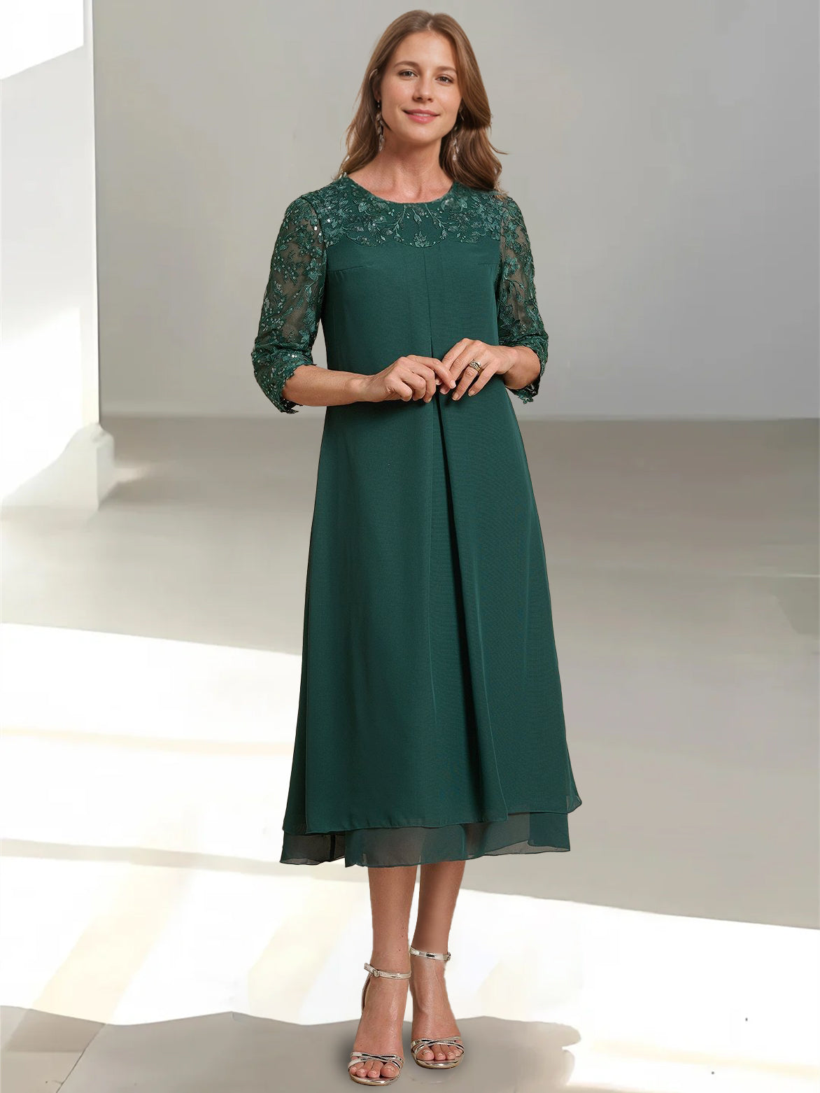 A Line Princess Scoop 3 4 Sleeves Tea Length Mother Of The Bride Dresses With Appliques Sequins