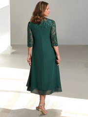 A Line Princess Scoop 3 4 Sleeves Tea Length Mother Of The Bride Dresses With Appliques Sequins