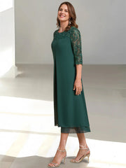 A Line Princess Scoop 3 4 Sleeves Tea Length Mother Of The Bride Dresses With Appliques Sequins