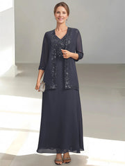 2 Pieces A Line Princess V Neck Sleeveless Ankle Length Mother Of The Bride Dresses With Appliques Sequins Jacket