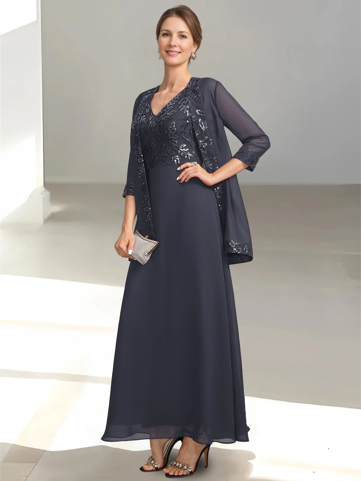 2 Pieces A Line Princess V Neck Sleeveless Ankle Length Mother Of The Bride Dresses With Appliques Sequins Jacket