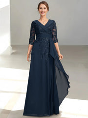 A Line Princess V Neck Half Sleeves Floor Length Mother Of The Bride Dresses With Appliques Sequins Ruffles