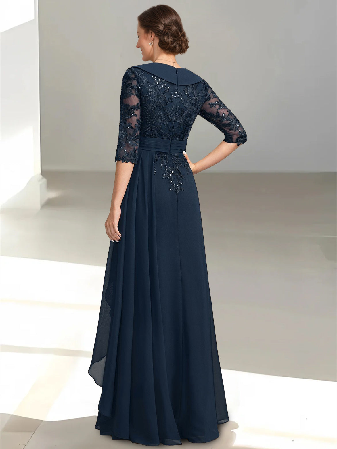 A Line Princess V Neck Half Sleeves Floor Length Mother Of The Bride Dresses With Appliques Sequins Ruffles