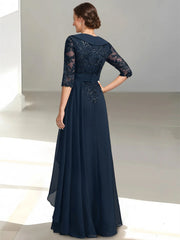 A Line Princess V Neck Half Sleeves Floor Length Mother Of The Bride Dresses With Appliques Sequins Ruffles