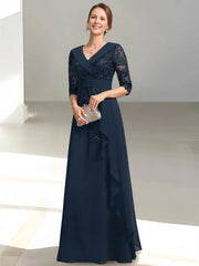 A Line Princess V Neck Half Sleeves Floor Length Mother Of The Bride Dresses With Appliques Sequins Ruffles