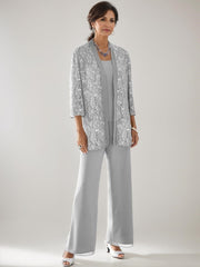 3 Pieces Scoop Neck 3 4 Sleeves Ankle Length Mother Of The Bride Pantsuits With Lace Sequins Jacket