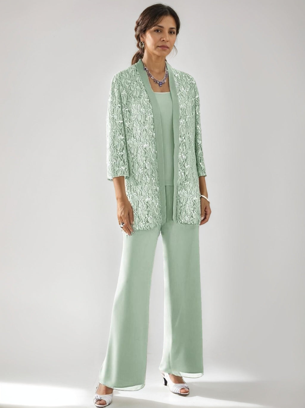 3 Pieces Scoop Neck 3 4 Sleeves Ankle Length Mother Of The Bride Pantsuits With Lace Sequins Jacket