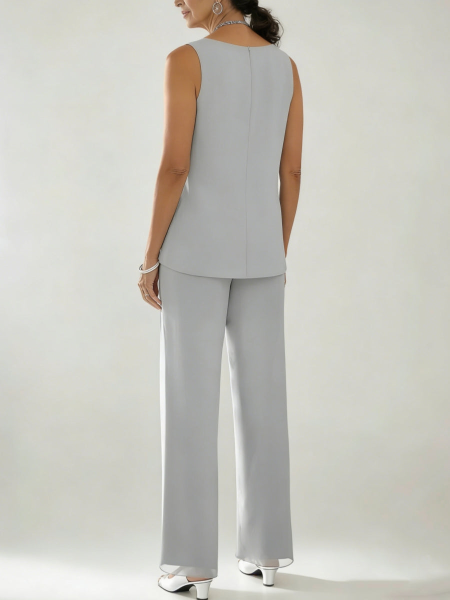 3 Pieces Scoop Neck 3 4 Sleeves Ankle Length Mother Of The Bride Pantsuits With Lace Sequins Jacket