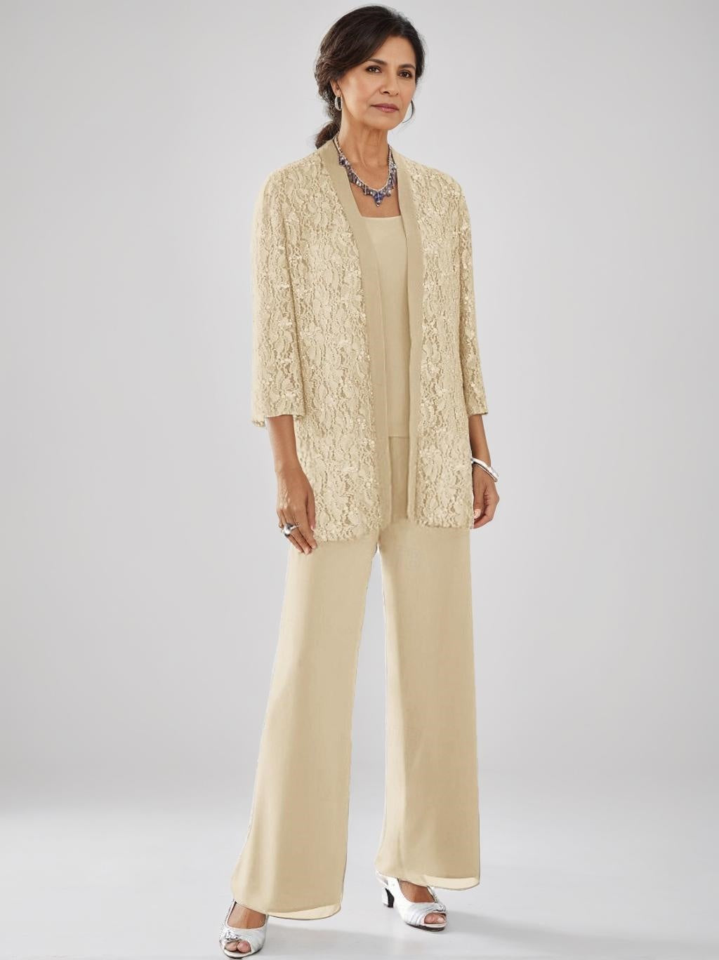 3 Pieces Scoop Neck 3 4 Sleeves Ankle Length Mother Of The Bride Pantsuits With Lace Sequins Jacket