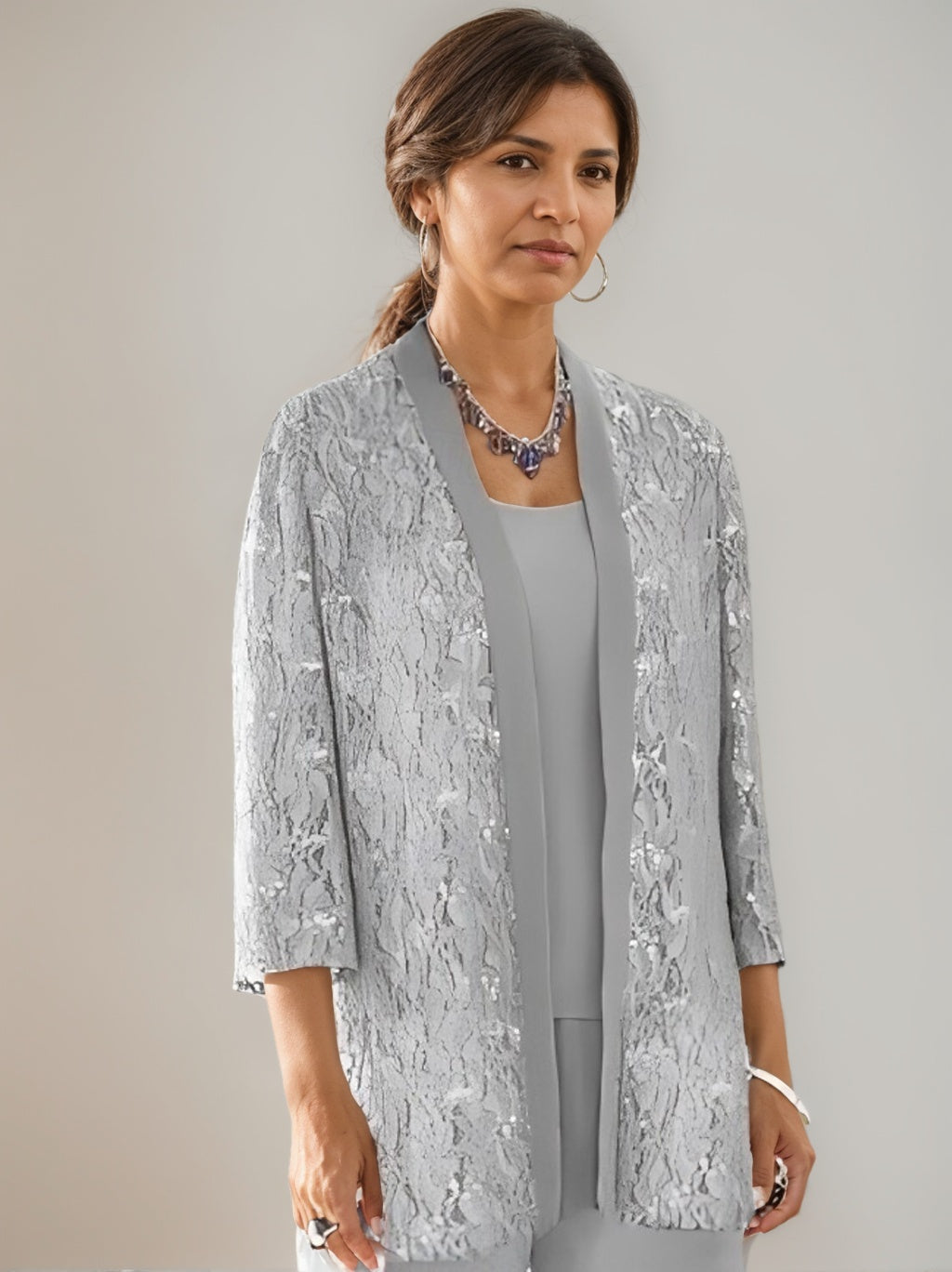 3 Pieces Scoop Neck 3 4 Sleeves Ankle Length Mother Of The Bride Pantsuits With Lace Sequins Jacket