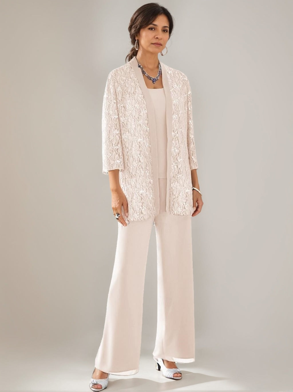 3 Pieces Scoop Neck 3 4 Sleeves Ankle Length Mother Of The Bride Pantsuits With Lace Sequins Jacket