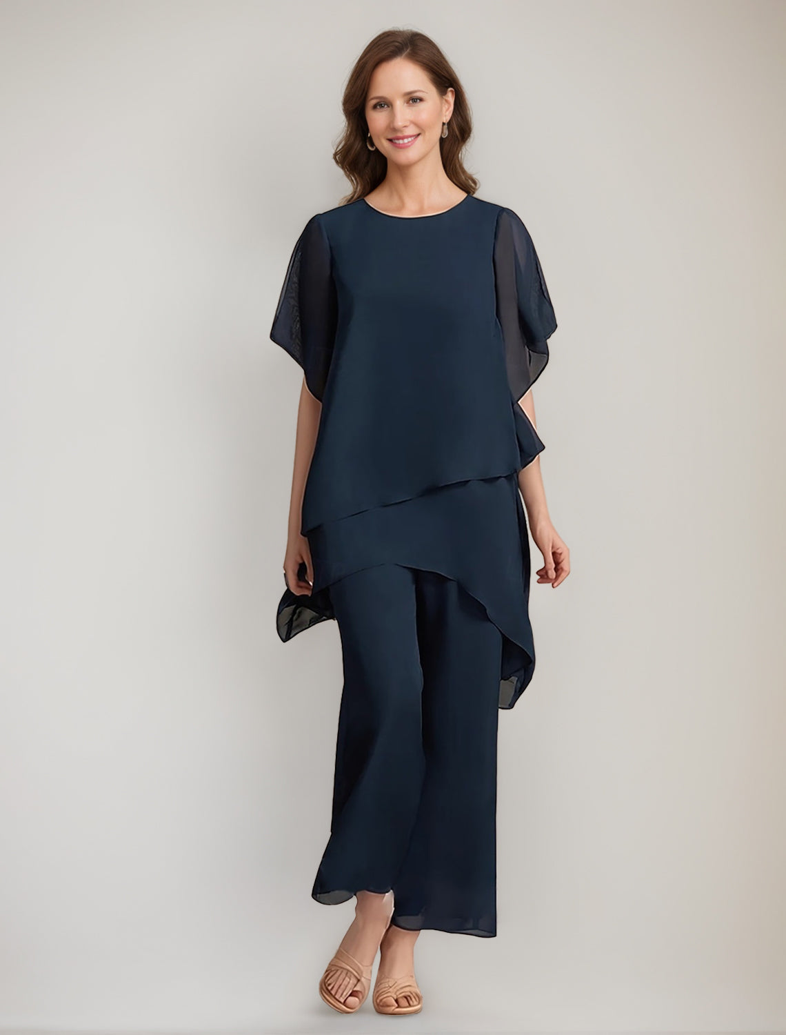 2 Pieces Scoop 1 2 Sleeves Ankle Length Asymmetrical Mother Of The Bride Pantsuits With Button