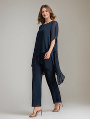 2 Pieces Scoop 1 2 Sleeves Ankle Length Asymmetrical Mother Of The Bride Pantsuits With Button