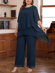 2 Pieces Scoop Chiffon Plus Size Mother Of The Bride Pantsuits Ankle Length Half Sleeves