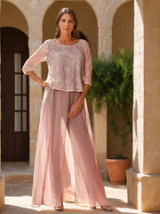 2 Pieces Scoop 3 4 Sleeves Floor Length Mother Of The Bride Pantsuits With Lace Appliques