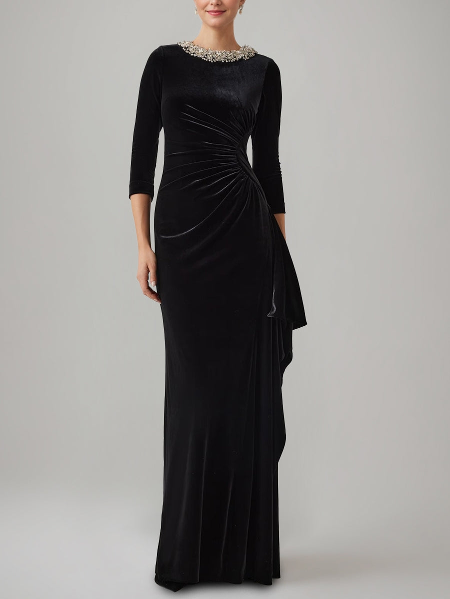 Sheath Column Jewel Neck Velvet Mother Of The Bride Dresses 3 4 Sleeves Floor Length Ruched