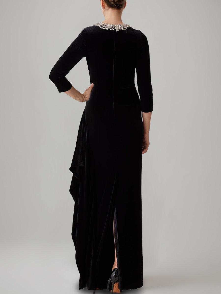 Sheath Column Jewel Neck Velvet Mother Of The Bride Dresses 3 4 Sleeves Floor Length Ruched