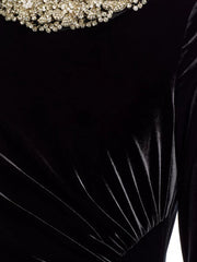 Sheath Column Jewel Neck Velvet Mother Of The Bride Dresses 3 4 Sleeves Floor Length Ruched