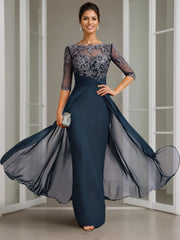 Sheath Column Scoop Chiffon Lace Mother Of The Bride Dresses Half Sleeves Floor Length With Appliques