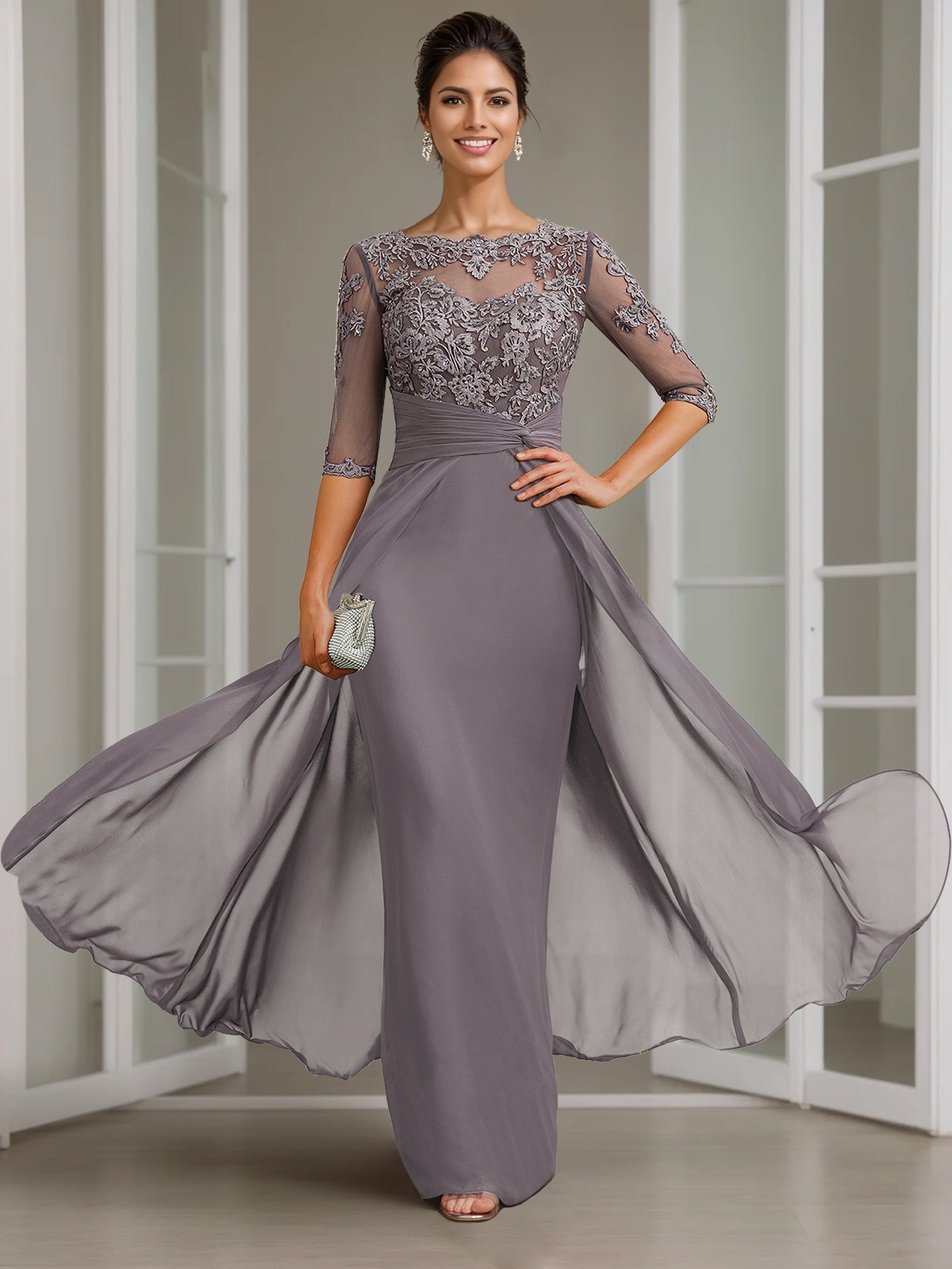 Sheath Column Scoop Chiffon Lace Mother Of The Bride Dresses Half Sleeves Floor Length With Appliques