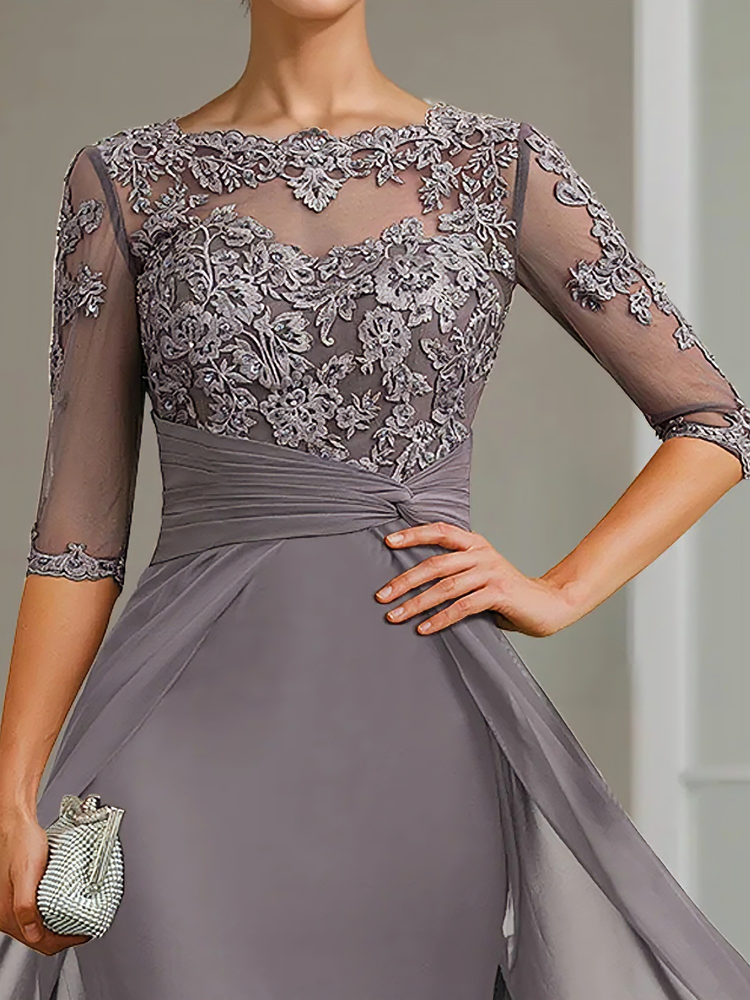 Sheath Column Scoop Chiffon Lace Mother Of The Bride Dresses Half Sleeves Floor Length With Appliques