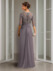 Sheath Column Scoop Chiffon Lace Mother Of The Bride Dresses Half Sleeves Floor Length With Appliques
