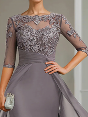 Sheath Column Scoop Chiffon Lace Mother Of The Bride Dresses Half Sleeves Floor Length With Appliques