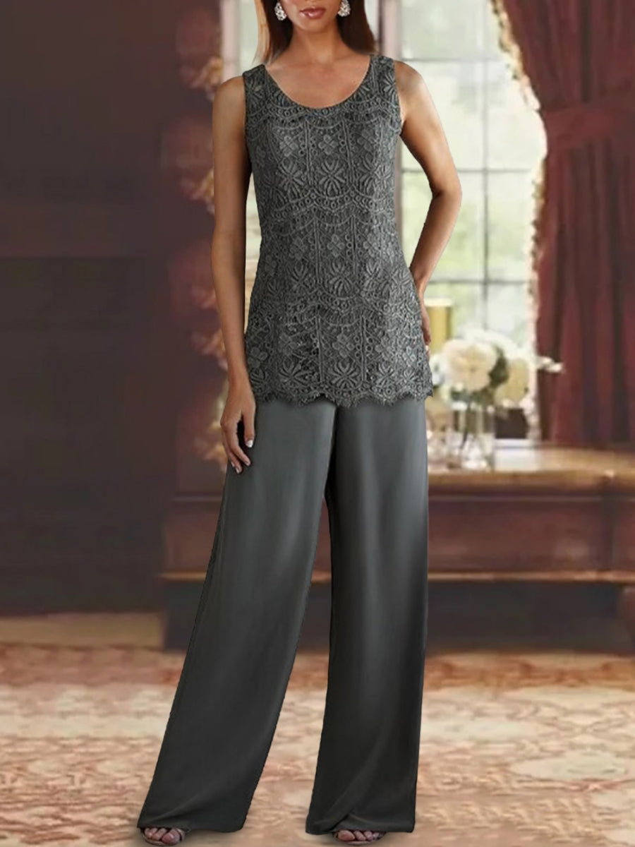 Chiffon Lace Scoop Ankle Length Mother Of The Bride Pantsuits With Jacket