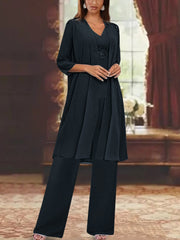 Chiffon V Neck 3 4 Sleeves Appliques Mother Of The Bride Pantsuits With Jacket Ankle Length